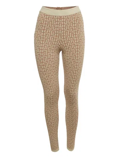 Pre-owned Balmain Monogram-jacquard Leggings In Brown