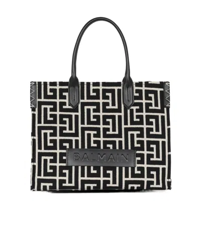 Balmain B-army 42 Monogrammed Jacquard And Leather Tote Bag In Black