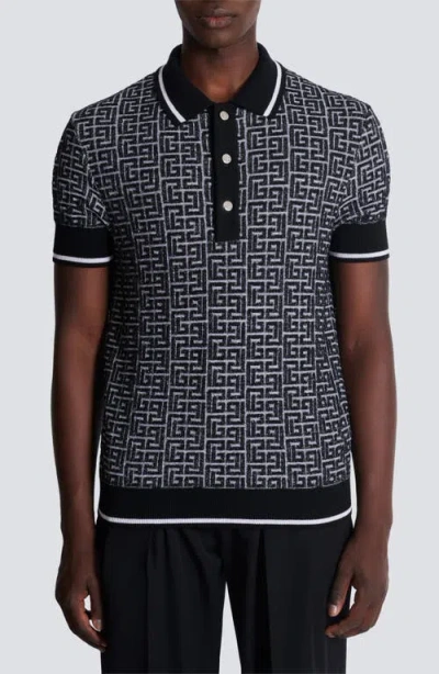 BALMAIN BALMAIN MONOGRAM JACQUARD MERINO WOOL POLO SWEATER