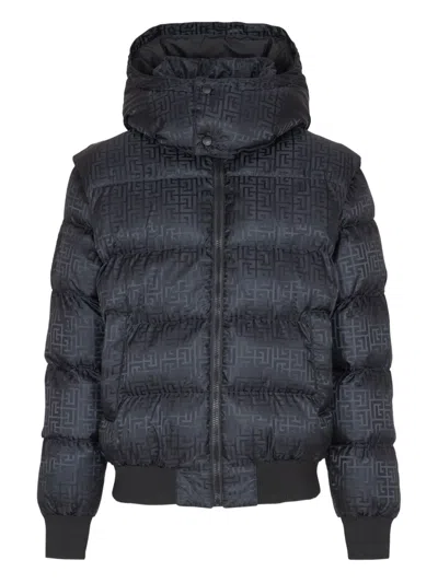 Balmain Hooded Quilted Jacket Ribbed Cuffs In Blue