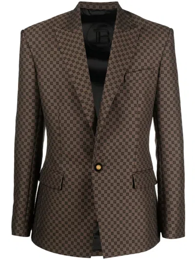 Balmain Monogram-jacquard Single-breasted Blazer In Brown