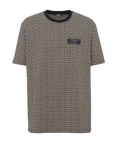Balmain Men Jacquard T-shirt With Pb Labyrinth Monogram In Gray