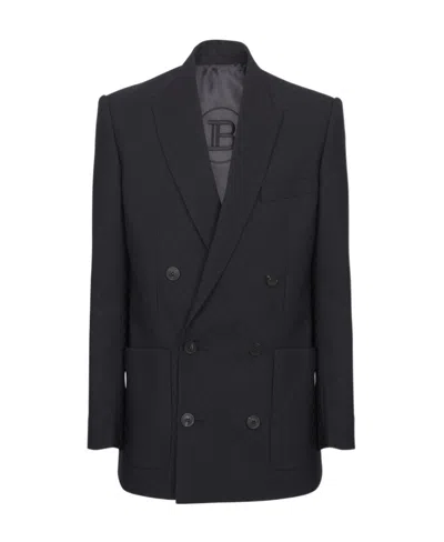 Balmain Monogram-jacquard Wool Blazer In Black