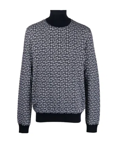 Balmain Monogram-jacquard Wool Jumper In Black