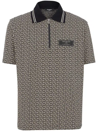 Balmain Pb Labyrinth Jacquard Polo Shirt In Black