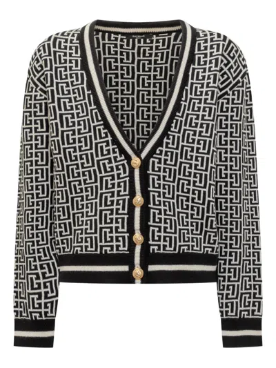 Balmain Kids' Monogram Knit Cardigan In Black