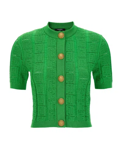 Balmain Monogram-knit Cardigan In Green