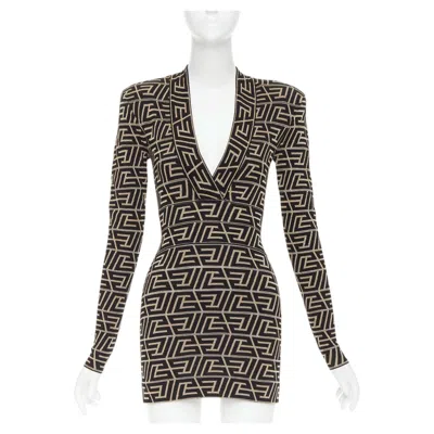 Pre-owned Balmain Monogram Knit Dress Gold Black Geometric Metallic Brocade Jersey Dress