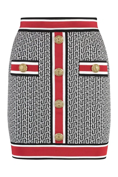 Balmain Luxury Monogram Knit Short Skirt For Women In Red