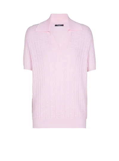 Balmain Monogram Knit Polo In Pink