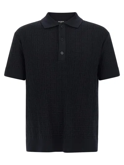 Balmain Monogram Knit Polo Shirt In Black