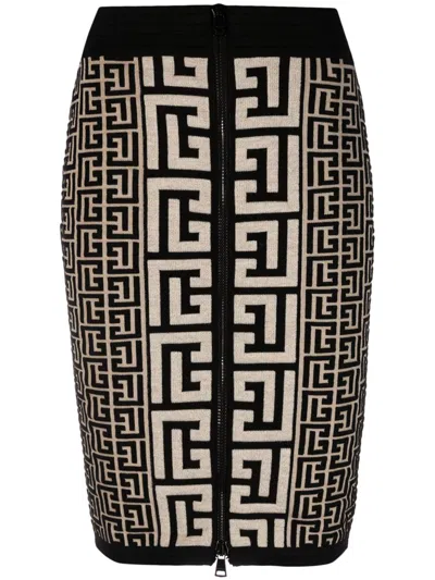 Balmain Monogram High Waist Skirt In Black