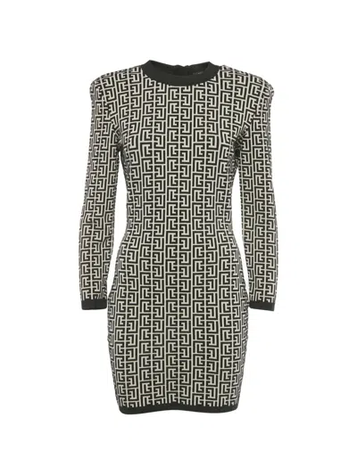 Pre-owned Balmain Monogram Knitted Midi Dress In Black