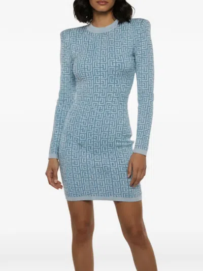Pre-owned Balmain Monogram Knitted Mini Dress In Blue