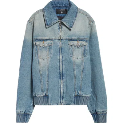 Balmain Monogram Lined Denim Jacket In Blue
