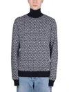 Balmain High-neck Sweater With All-over Monogram Pattern In Blue