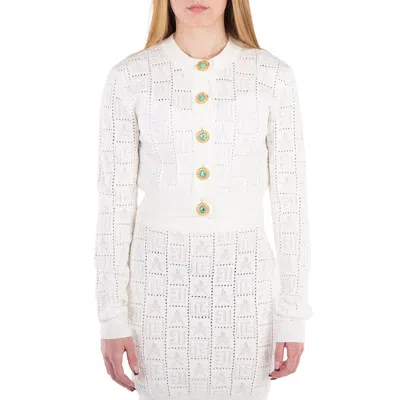 Balmain Monogram Mesh Knit Cardigan In White