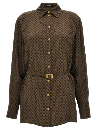 Balmain Silk Shirt With A Mini Monogram Print In Brown