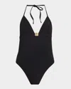 Balmain Monogram Halterneck One-piece Swimsuit In Black