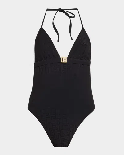 Balmain Monogram One-piece Swimsuit In Black