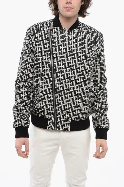 Balmain Monogram Padded Bomber Jacket With Decentralized Zip In Multi