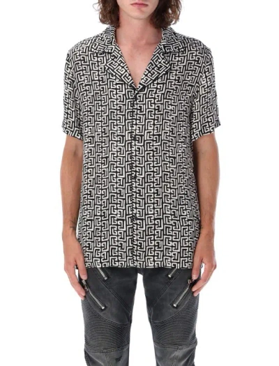 Balmain Ss Monogram Print Pyjama Shirt In Black