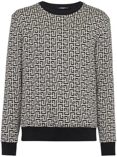 Balmain Black Crewneck Sweatshirt With All-over Monogram Print In Cotton Man