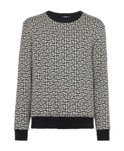 Balmain Black Crewneck Sweatshirt With All-over Monogram Print In Cotton Man