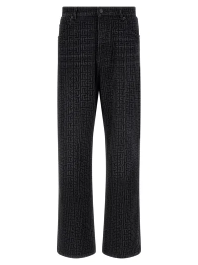 Balmain Monogram Pattern Jeans In Black