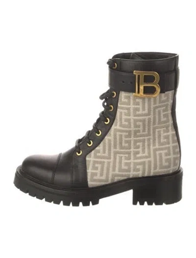 Pre-owned Balmain Monogram Pattern Leather Combat Boots In Black