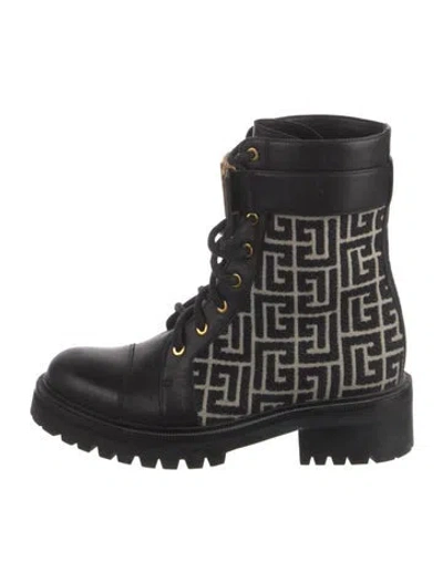 Pre-owned Balmain Monogram Pattern Leather Combat Boots In Black