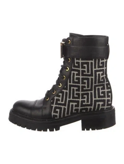 Pre-owned Balmain Monogram Pattern Leather Combat Boots In Black
