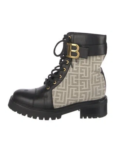 Pre-owned Balmain Monogram Pattern Leather Combat Boots In Brown