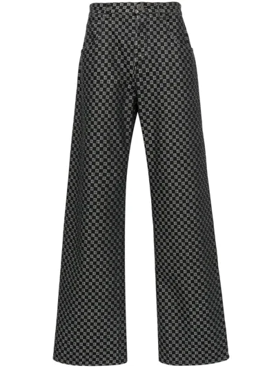 Balmain Monogram-pattern Long-length Wide-leg Jeans In Black