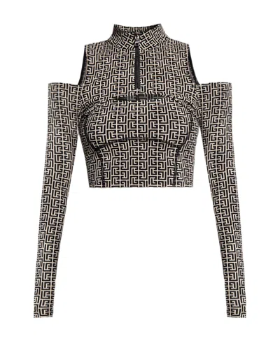Balmain Monogram-pattern Long-sleeve Top In Black