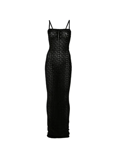 Balmain Monogram-pattern Maxi Dress In Black
