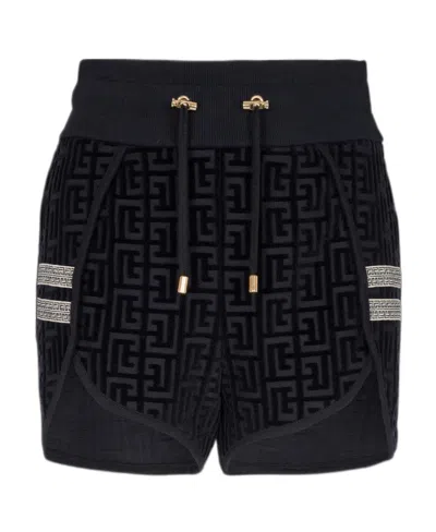 Balmain Monogram-pattern Mini Shorts In Black