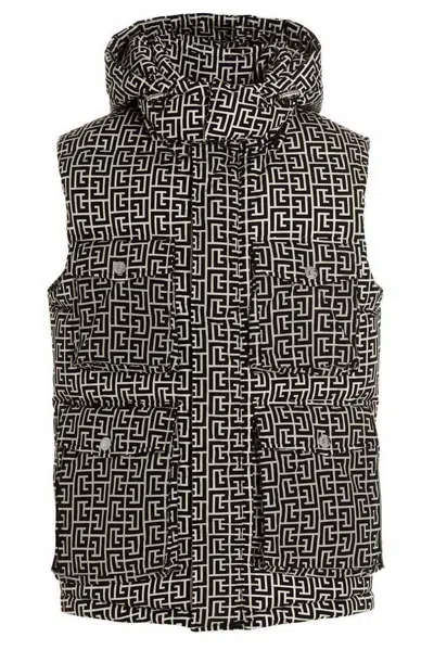 Balmain Monogram Pattern Padded Vest In Black