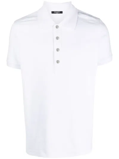 Balmain Monogrammed Textured Fabric Polo Shirt With Metal Buttons In White