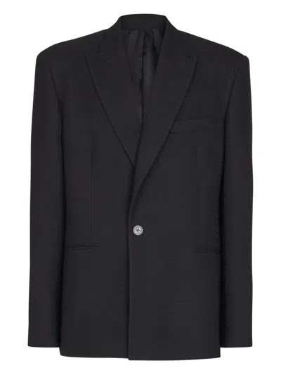 Balmain Monogram-pattern Single-breasted Wool Blazer In Blue