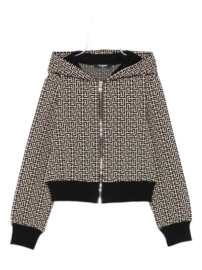 Balmain Kids' Monogram-pattern Zip-up Hoodie In Black