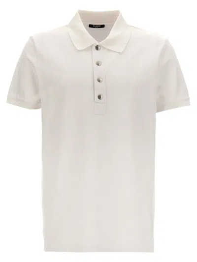 Balmain Monogrammed Textured Fabric Polo Shirt With Metal Buttons In White