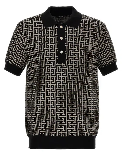 Balmain Jacquard Knit Polo Shirt In White/black