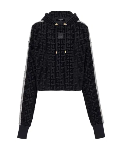 Balmain Monogram-print Cropped Hoodie In Navy