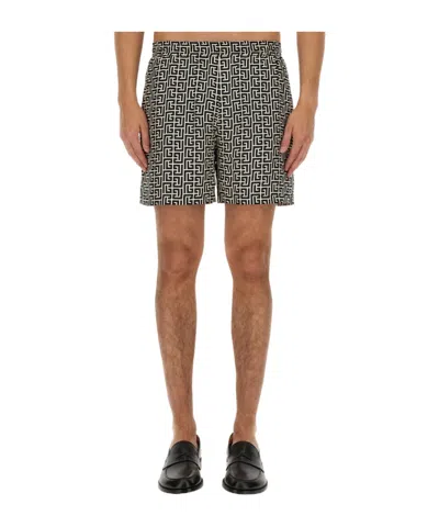 Balmain Monogram-print Elasticated-waist Shorts In Brown