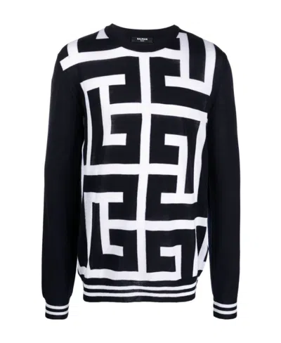 Balmain Monogram-print Merino Wool Jumper In Black