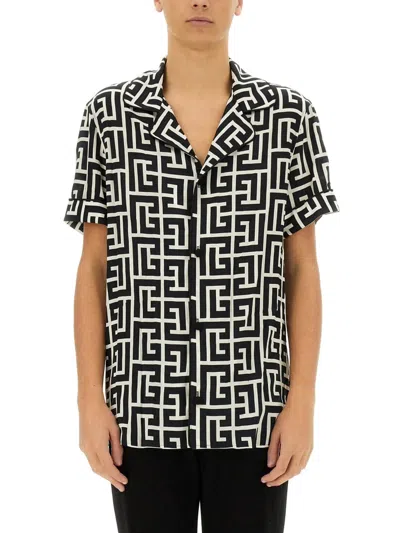 Balmain Monogram Printed Short-sleeved Shirt In Black
