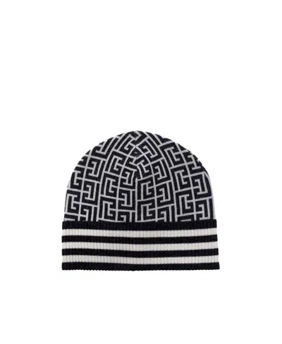 Balmain Monogram-print Ribbed-brim Beanie In Black