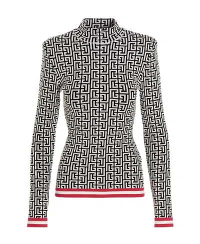 Balmain Monogram-print Roll-neck Jumper In Black