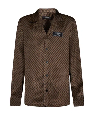 Balmain Monogram-print Satin Shirt In Brown